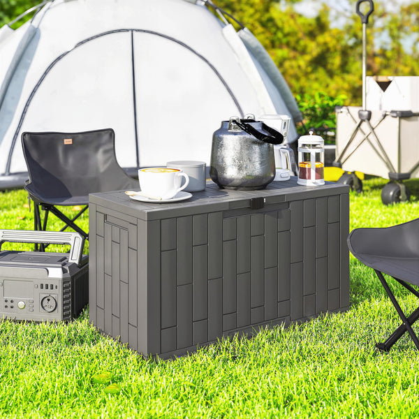 Coffre de Rangement Extérieur 227 L Verrouillable avec Vérin à Gaz, Boîte de Jardin en Aspect Bois Résistant aux UV, pour Outils Accessoires, 106,5x43x54,5cm, Gris