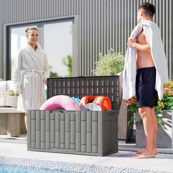 Coffre de Rangement Extérieur 227 L Verrouillable avec Vérin à Gaz, Boîte de Jardin en Aspect Bois Résistant aux UV, pour Outils Accessoires, 106,5x43x54,5cm, Gris