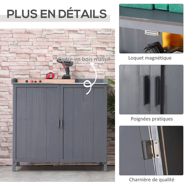 Armoire de rangement de jardin sur pied, table de rempotage 2 en 1 double porte, étagère, plateau métal galvanisé - gris