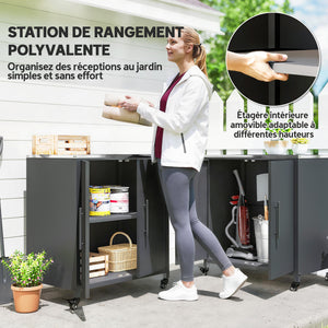 Armoire de jardin en Métal Extérieur, Armoire de Rangement de Jardin avec Toit en Acier Inoxydable et Roulettes, Portes Magnétique et Étagère Amovible, 80 x 50 x 90 cm, Noir