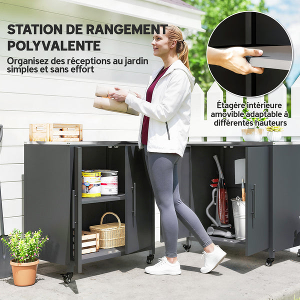 Armoire de jardin en Métal Extérieur, Armoire de Rangement de Jardin avec Toit en Acier Inoxydable et Roulettes, Portes Magnétique et Étagère Amovible, 80 x 50 x 90 cm, Noir