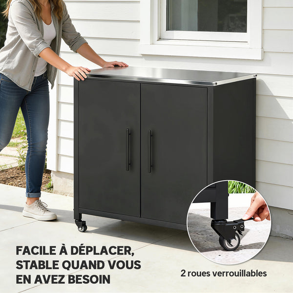 Armoire de jardin en Métal Extérieur, Armoire de Rangement de Jardin avec Toit en Acier Inoxydable et Roulettes, Portes Magnétique et Étagère Amovible, 80 x 50 x 90 cm, Noir