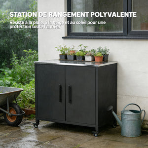 Armoire de jardin en Métal Extérieur, Armoire de Rangement de Jardin avec Toit en Acier Inoxydable et Roulettes, Portes Magnétique et Étagère Amovible, 80 x 50 x 90 cm, Noir