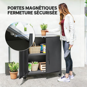 Armoire de jardin en Métal Extérieur, Armoire de Rangement de Jardin avec Toit en Acier Inoxydable et Roulettes, Portes Magnétique et Étagère Amovible, 80 x 50 x 90 cm, Noir