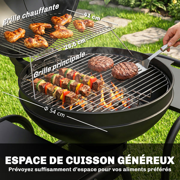 Barbecue à charbon Rond avec couvercle Barbecue Rond Extérieur avec Thermomètre, Tables Latérales, Étagère Inférieure, Roues pour Jardin, Terrasse, Noir