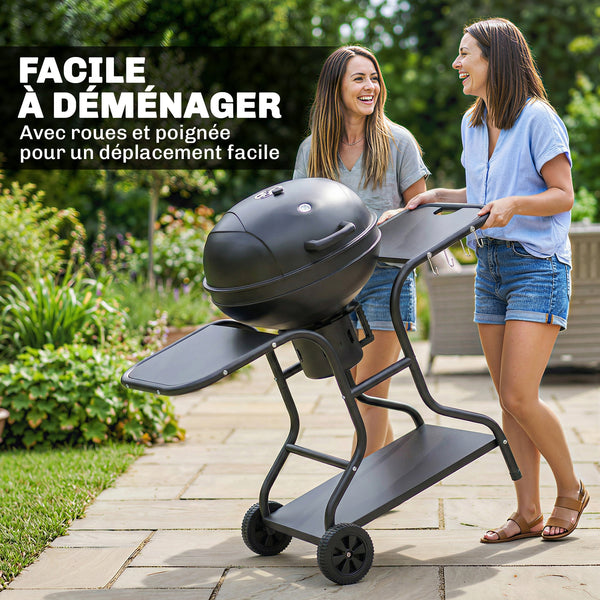 Barbecue à charbon Rond avec couvercle Barbecue Rond Extérieur avec Thermomètre, Tables Latérales, Étagère Inférieure, Roues pour Jardin, Terrasse, Noir
