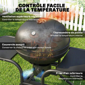 Barbecue à charbon Rond avec couvercle Barbecue Rond Extérieur avec Thermomètre, Tables Latérales, Étagère Inférieure, Roues pour Jardin, Terrasse, Noir