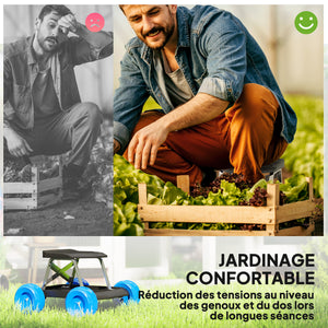 Siège de jardin sur roues tabouret de jardinage plateau à outils chariot jardinage avec siège pour désherber, planter, 50 x 49 x 32 cm bleu