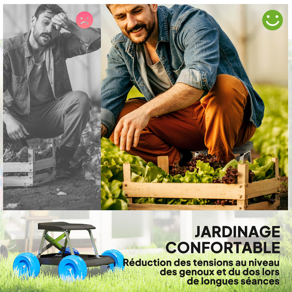 Siège de jardin sur roues tabouret de jardinage plateau à outils chariot jardinage avec siège pour désherber, planter, 50 x 49 x 32 cm bleu