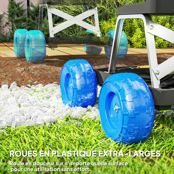 Siège de jardin sur roues tabouret de jardinage plateau à outils chariot jardinage avec siège pour désherber, planter, 50 x 49 x 32 cm bleu