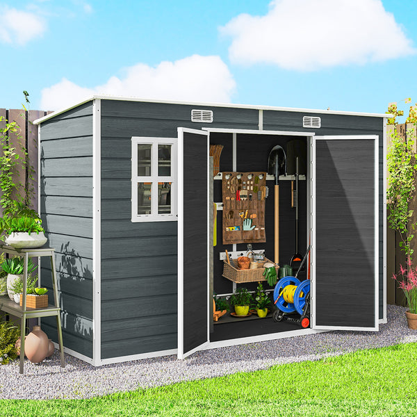 Abri de jardin en plastique  10 x 4 pieds, avec plancher, grandes fenêtres, portes verrouillables et aérations, pour outils, vélos, générateur, effet bois gris