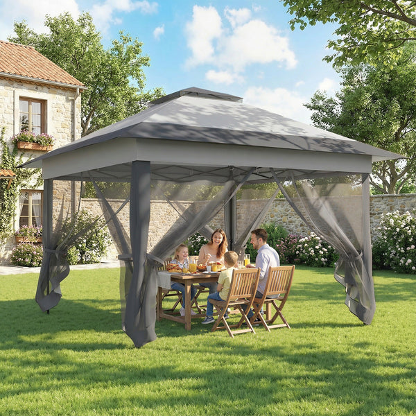 Tonnelle de jardin extérieur tonnelle pliante 3,6x3,6m avec double toit acier polyester moustiquaires + sac de transport à roulettes gris