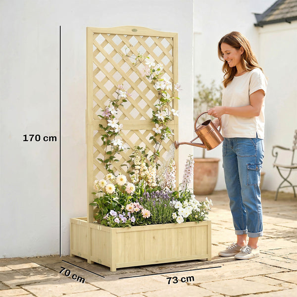 Jardinière avec Treillis en Bois Massif - Carré Potager Pliable avec Double Bac à Fleurs - Lit de Jardin 170cm de Haut pour Plantes Grimpantes sur Balcon, Terrasse Brise-Vue, Naturel