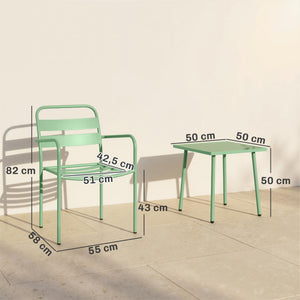 Ensemble Bistrot de Jardin 3 Pièces - Table Basse en Verre Trempé et 2 Chaises à Lattes, Cadre en Acier Galvanisé Antirouille - Mobilier de Jardin, Balcon et Terrasse Chic, Vert