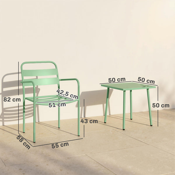 Ensemble Bistrot de Jardin 3 Pièces - Table Basse en Verre Trempé et 2 Chaises à Lattes, Cadre en Acier Galvanisé Antirouille - Mobilier de Jardin, Balcon et Terrasse Chic, Vert