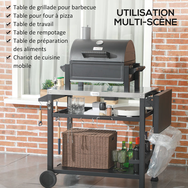 Chariot desserte pour barbecue plancha avec plateau en inox, multi-équipements, 6 crochets, tablette rabattable, 3 étages, 2 roulettes