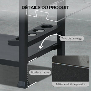 Chariot desserte pour barbecue plancha avec plateau en inox, multi-équipements, 6 crochets, tablette rabattable, 3 étages, 2 roulettes