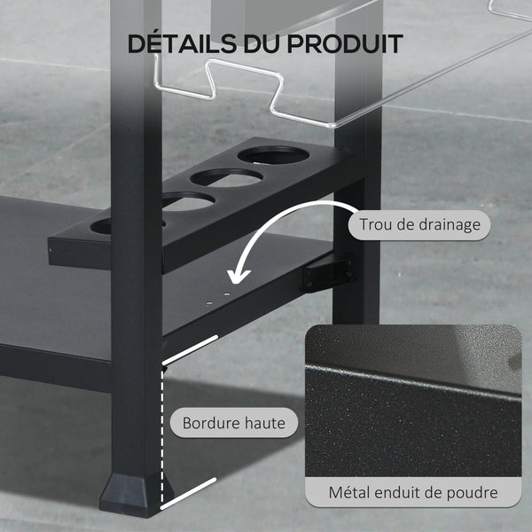 Chariot desserte pour barbecue plancha avec plateau en inox, multi-équipements, 6 crochets, tablette rabattable, 3 étages, 2 roulettes