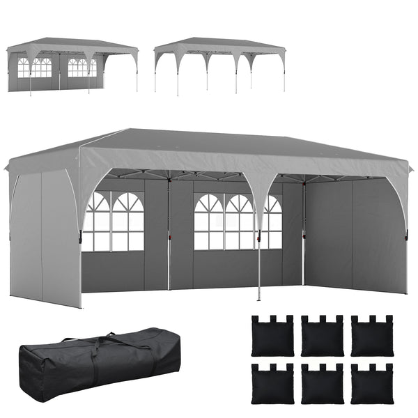 Tonnelle de jardin 3 x 6 m pop up tente pliante réglable en hauteur imperméable protection UV50+ tonnelle pliante avec 4 parois latérales 6 sacs de sable sac de transport montage facile gris