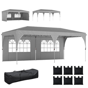Tonnelle de jardin 3 x 6 m pop up tente pliante réglable en hauteur imperméable protection UV50+ tonnelle pliante avec 4 parois latérales 6 sacs de sable sac de transport montage facile gris