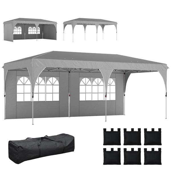 Tonnelle de jardin 3 x 6 m pop up tente pliante réglable en hauteur imperméable protection UV50+ tonnelle pliante avec 4 parois latérales 6 sacs de sable sac de transport montage facile gris