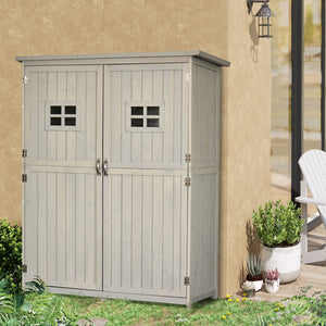 Abri de Jardin en bois Armoire de Jardin dim. 127,5L x 50l x 164H cm 2 étagères 2 Portes 2 fenêtres Toit bitumé étanche Bois Massif Sapin pré-huilé Gris