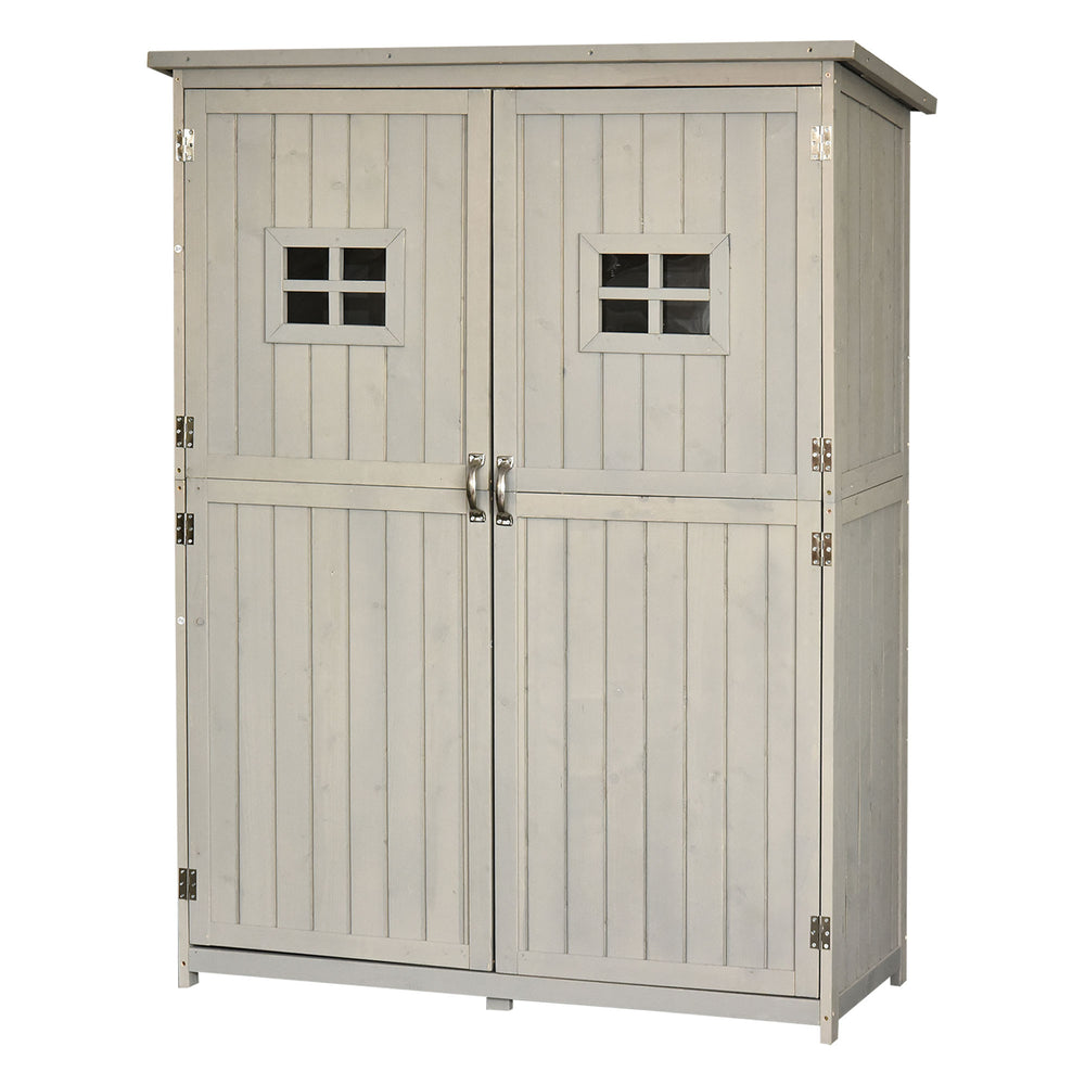 Abri de Jardin en bois Armoire de Jardin dim. 127,5L x 50l x 164H cm 2 étagères 2 Portes 2 fenêtres Toit bitumé étanche Bois Massif Sapin pré-huilé Gris