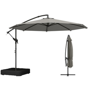 Parasol Déporté de Jardin 3 m avec Base Croisée et Sac de Sable de 80 kg à Remplir, Parasol Banane Rotatif 360° avec Manivelle, Gris