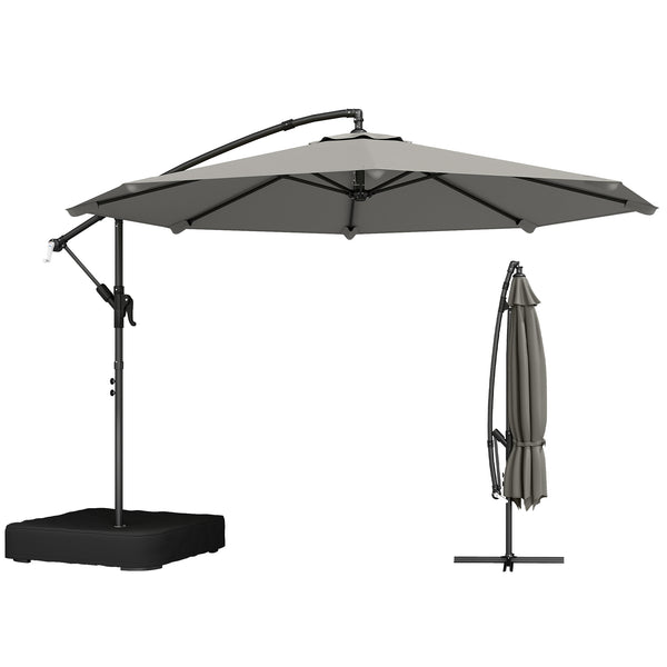 Parasol Déporté de Jardin 3 m avec Base Croisée et Sac de Sable de 80 kg à Remplir, Parasol Banane Rotatif 360° avec Manivelle, Gris
