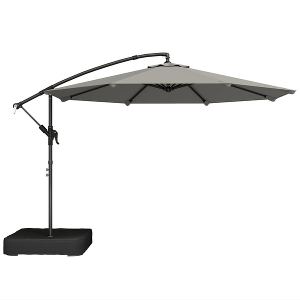 Parasol Déporté de Jardin 3 m avec Base Croisée et Sac de Sable de 80 kg à Remplir, Parasol Banane Rotatif 360° avec Manivelle, Gris