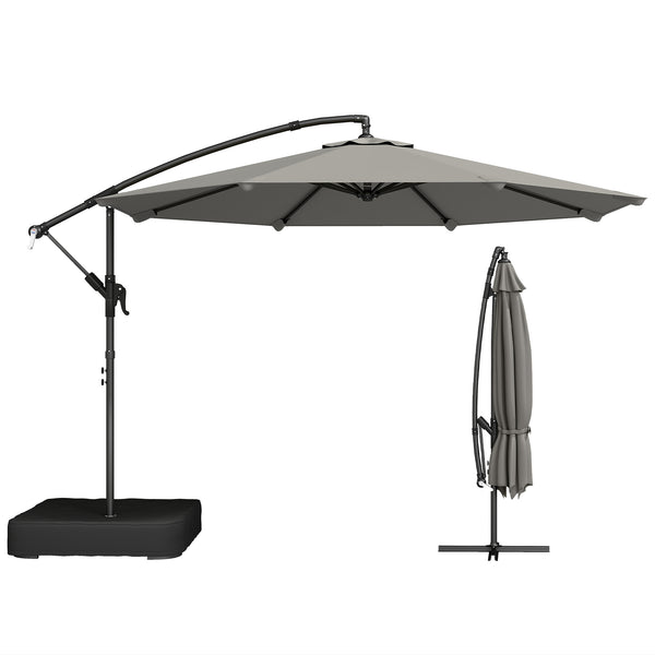 Parasol Déporté de Jardin 3 m avec Base Croisée et Sac de Sable de 80 kg à Remplir, Parasol Banane Rotatif 360° avec Manivelle, Gris