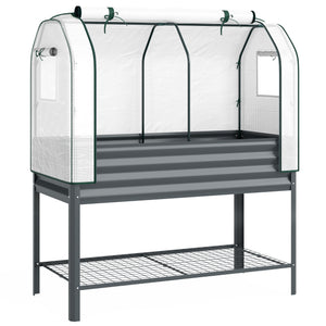 Potager sur Pieds surélevé avec bâche en PE, Jardinière Surélevée en Métal avec Serre, Volume 167L avec Doublure et Étagère Inférieure, pour Plantes Fleurs Légumes, 120x55x140cm, Gris Foncé