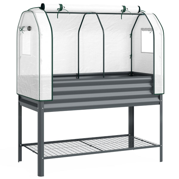 Potager sur Pieds surélevé avec bâche en PE, Jardinière Surélevée en Métal avec Serre, Volume 167L avec Doublure et Étagère Inférieure, pour Plantes Fleurs Légumes, 120x55x140cm, Gris Foncé