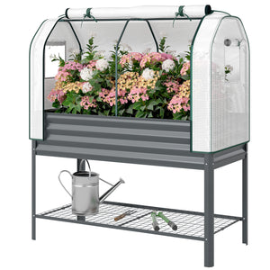 Potager sur Pieds surélevé avec bâche en PE, Jardinière Surélevée en Métal avec Serre, Volume 167L avec Doublure et Étagère Inférieure, pour Plantes Fleurs Légumes, 120x55x140cm, Gris Foncé