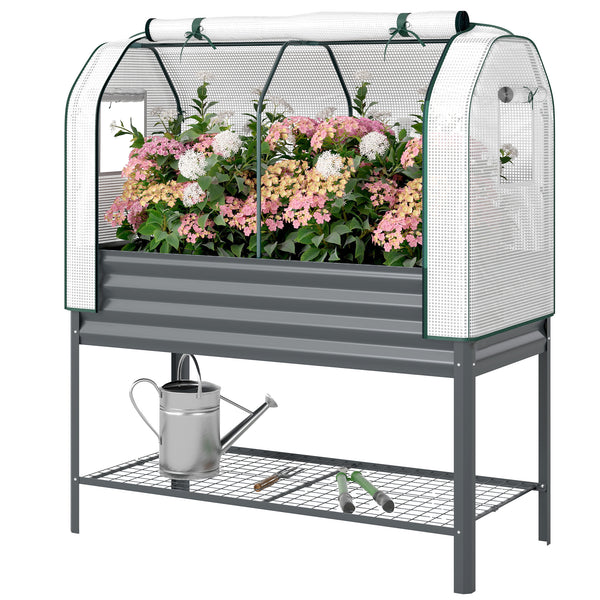 Potager sur Pieds surélevé avec bâche en PE, Jardinière Surélevée en Métal avec Serre, Volume 167L avec Doublure et Étagère Inférieure, pour Plantes Fleurs Légumes, 120x55x140cm, Gris Foncé