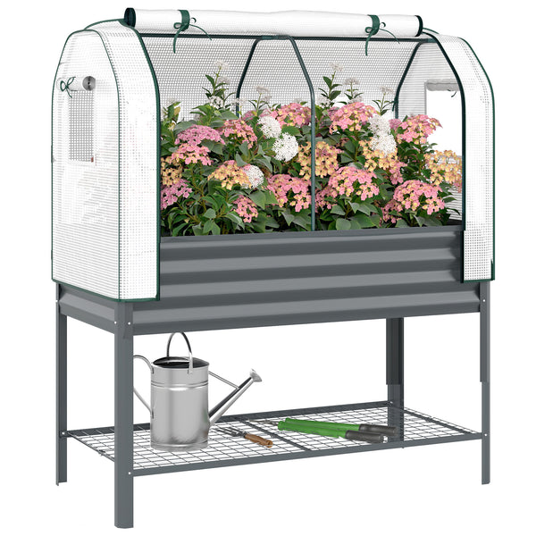 Potager sur Pieds surélevé avec bâche en PE, Jardinière Surélevée en Métal avec Serre, Volume 167L avec Doublure et Étagère Inférieure, pour Plantes Fleurs Légumes, 120x55x140cm, Gris Foncé