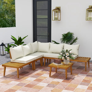 Salon de jardin extérieur d'angle 5 places modulable en bois d'acacia avec canapés et table basse, plateau à lattes et coussins inclus, mobilier de jardin terrasse véranda, crème