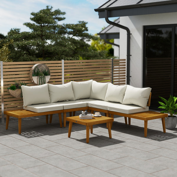 Salon de jardin extérieur d'angle 5 places modulable en bois d'acacia avec canapés et table basse, plateau à lattes et coussins inclus, mobilier de jardin terrasse véranda, crème