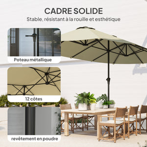 Parasol de jardin extérieur, parasol double rectangulaire 4 x 2,2 x 2,3 m avec ouverture fermeture manivelle, toile 180 g/m² pour balcon, piscine, terrasse, crème