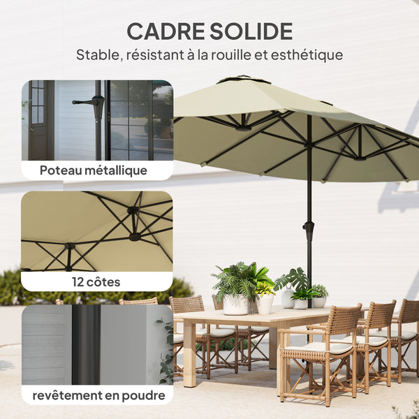 Parasol de jardin extérieur, parasol double rectangulaire 4 x 2,2 x 2,3 m avec ouverture fermeture manivelle, toile 180 g/m² pour balcon, piscine, terrasse, crème