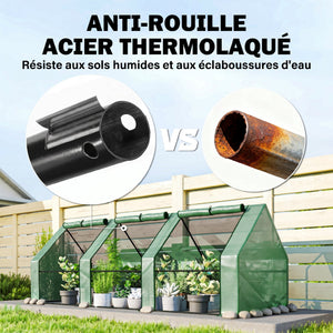 Mini Serre de Jardin mini serre tunnel 270L x 90l x 90H cm cm toit pointu Acier PE Haute densité 140 g/m² Anti-UV 3 fenêtres avec Zip enroulables Vert