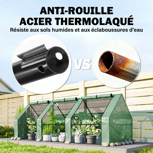 Mini Serre de Jardin mini serre tunnel 270L x 90l x 90H cm cm toit pointu Acier PE Haute densité 140 g/m² Anti-UV 3 fenêtres avec Zip enroulables Vert