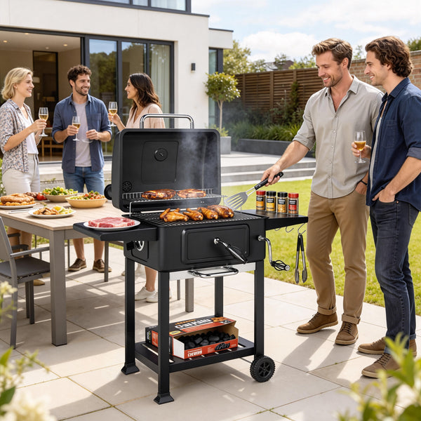Barbecue charbon de bois avec bac à charbon réglable, chariot grill de jardin fumoir avec grille de maintien au chaud, tablettes latérales, cheminée, aérations, roues et thermomètre, noir