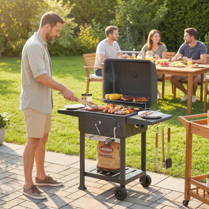 Barbecue charbon de bois avec bac à charbon réglable, chariot grill de jardin fumoir avec grille de maintien au chaud, tablettes latérales, cheminée, aérations, roues et thermomètre, noir