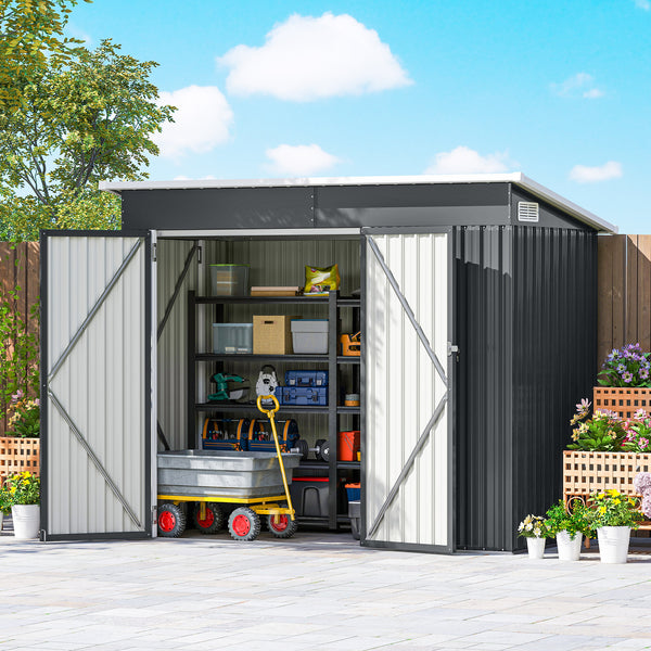 Abri de jardin en métal, cabane de jardin extérieure 234 x 132 x 185 cm, triple porte verrouillable, toit incliné, aérations et gants, cabanon rangement outils en acier galvanisé, gris foncé