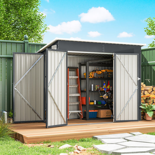 Abri de jardin en métal, cabane de jardin extérieure 234 x 132 x 185 cm, triple porte verrouillable, toit incliné, aérations et gants, cabanon rangement outils en acier galvanisé, gris foncé