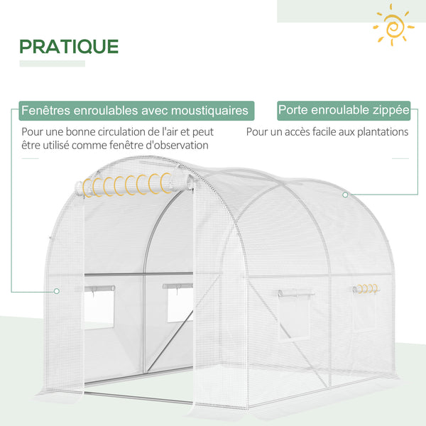 Serre de Jardin Tunnel 6 m² 3L x 2l x 1,9H m Acier galvanisé renforcé diamètre 2,4 cm + PE Haute densité fenêtres Porte Blanc