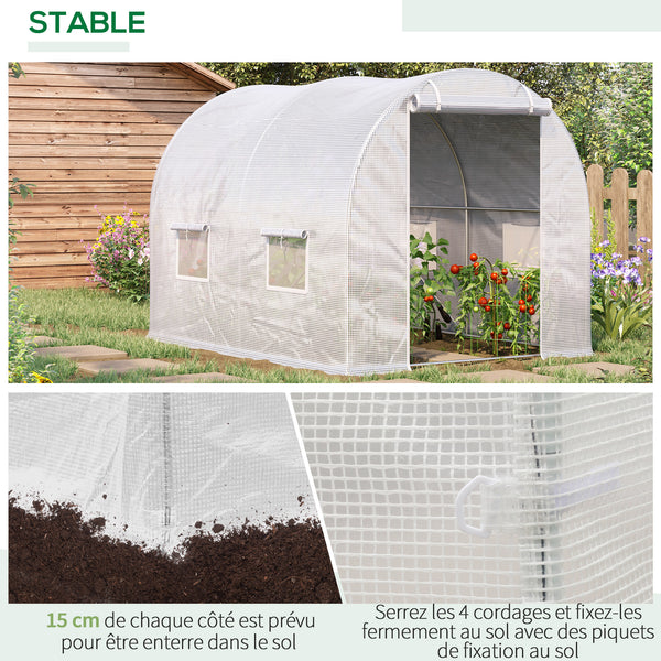 Serre de Jardin Tunnel 6 m² 3L x 2l x 1,9H m Acier galvanisé renforcé diamètre 2,4 cm + PE Haute densité fenêtres Porte Blanc