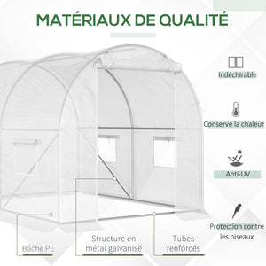 Serre de Jardin Tunnel 6 m² 3L x 2l x 1,9H m Acier galvanisé renforcé diamètre 2,4 cm + PE Haute densité fenêtres Porte Blanc