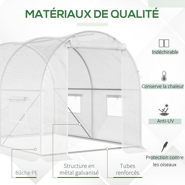 Serre de Jardin Tunnel 6 m² 3L x 2l x 1,9H m Acier galvanisé renforcé diamètre 2,4 cm + PE Haute densité fenêtres Porte Blanc